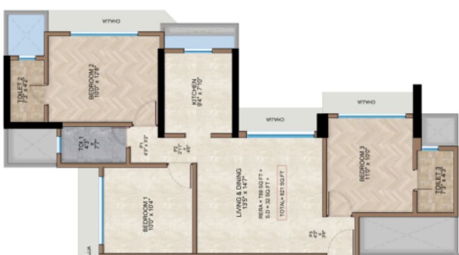 Pradeep-Square-Floor-Plan-3 BHK - 789 Sqft